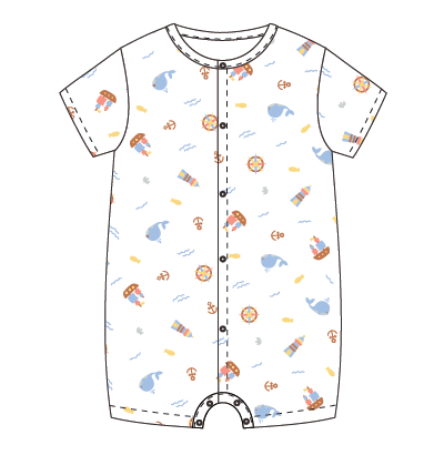 Nautical - Short-sleeved Shortall with Front Snap Buttons