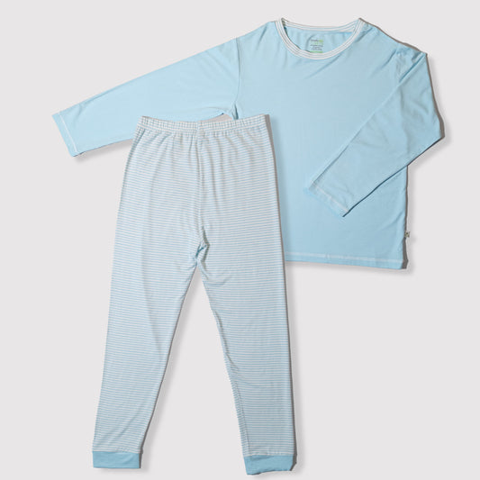 Long Sleeve Bamboo Pyjamas Set (Plain Top / Turquoise Stripes Pants)