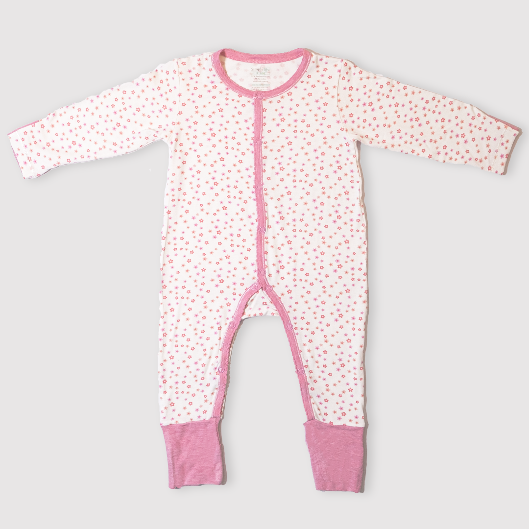 Long sleeved button sleepsuit floral front