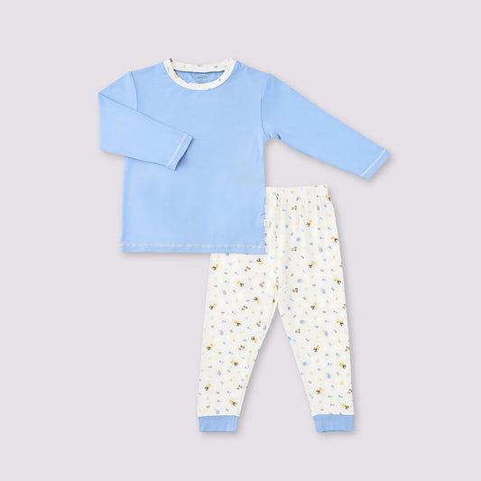 Long Sleeve Bamboo Pyjamas Set (Blue top / Cute Animals printed pants)