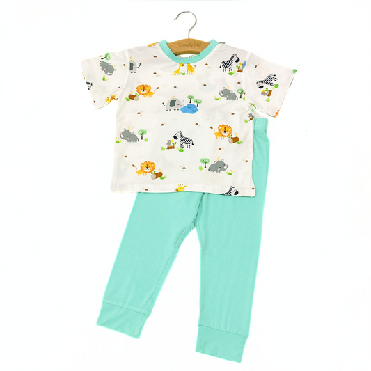 Short Sleeve Bamboo Pyjamas Set (African Wildlife / Plain bottom)