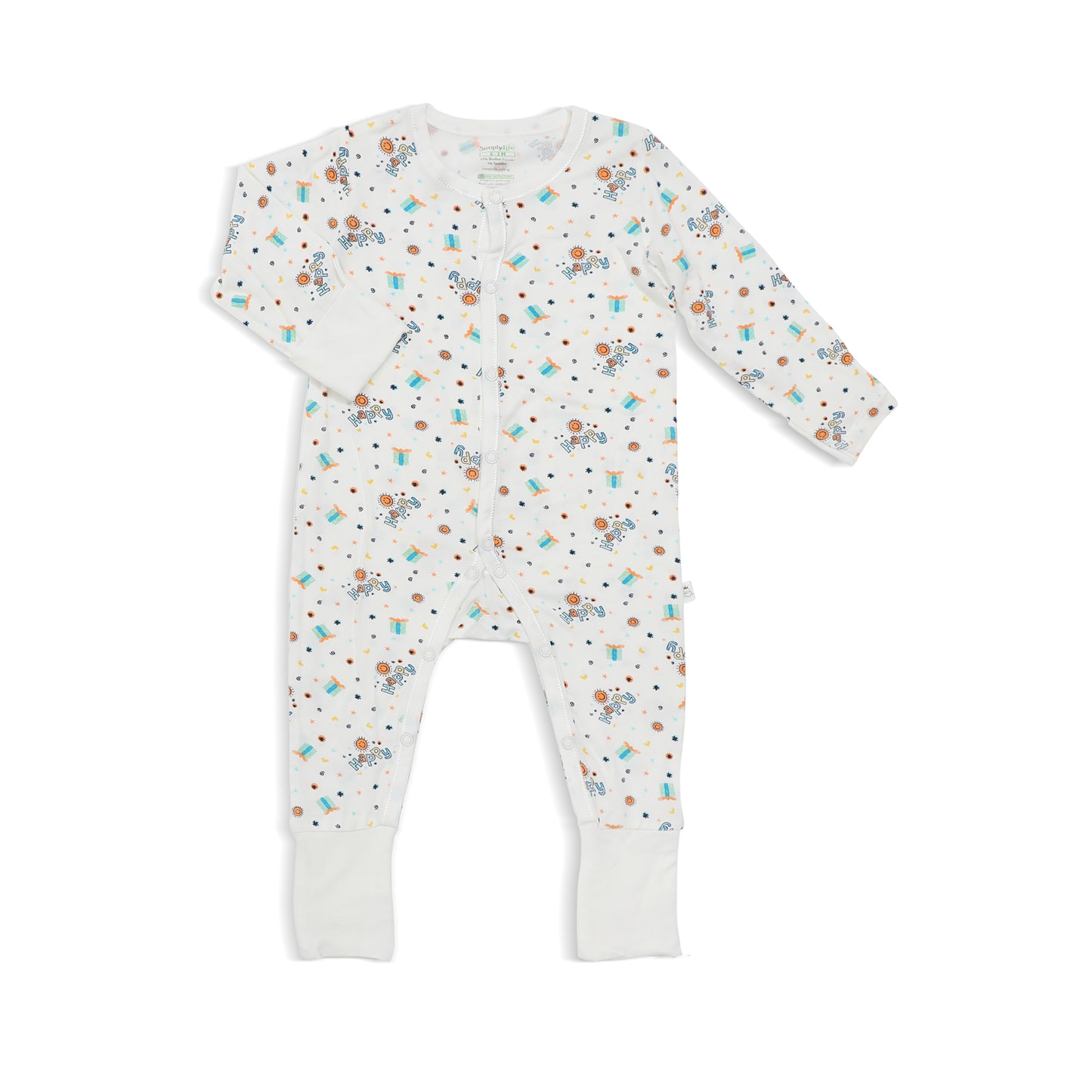 Happy - Long-sleeved Button Sleepsuit with Folded Mittens & Footie