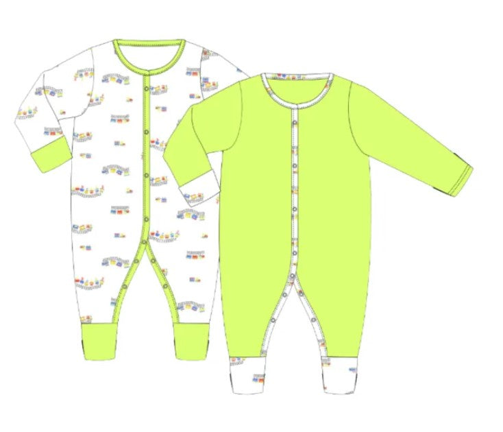 ABC Trains - Baby Long-sleeved Button Sleepsuit (Foldable Mittens & Footies) (Pack of 2)