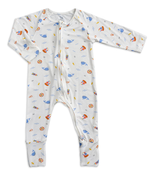 Nautical - Long-sleeved Zipper Sleepsuit with Convertible Cuffs / Mittens & Footie