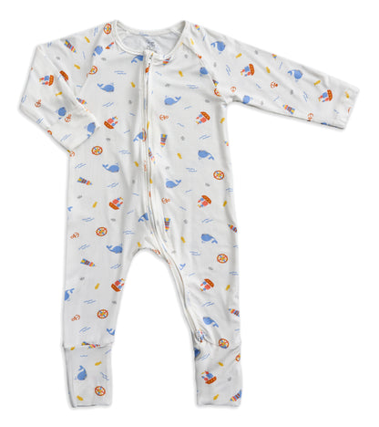 Nautical - Baby Long-sleeved Zipper Sleepsuit (Foldable Mittens & Footies)