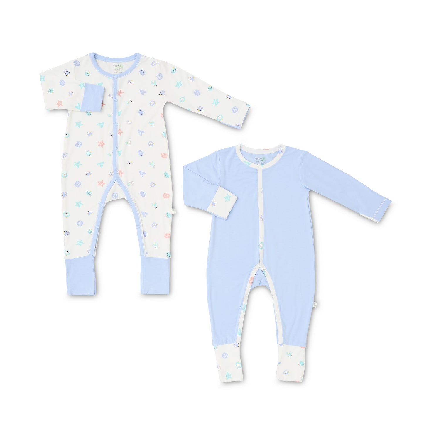 Baby Long-sleeved Button Sleepsuit (Foldable Mittens & Footies) (Pack of 2) (Group)