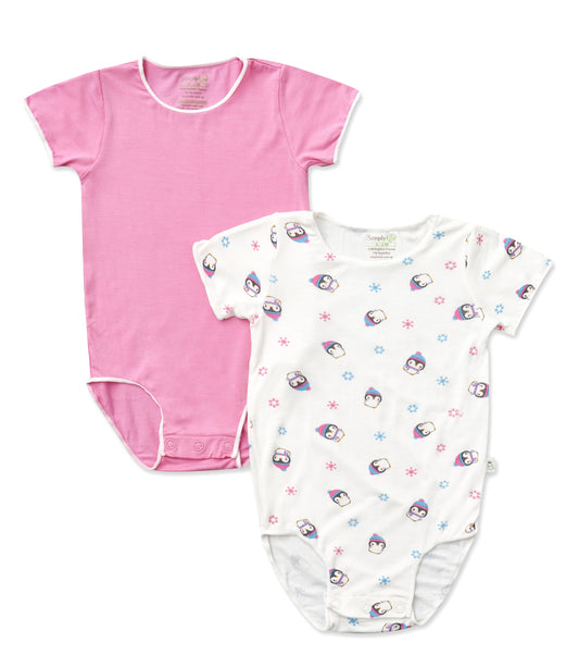 Cute Penguins & Pink - Short-sleeved Stretchy Romper (Pack of 2)