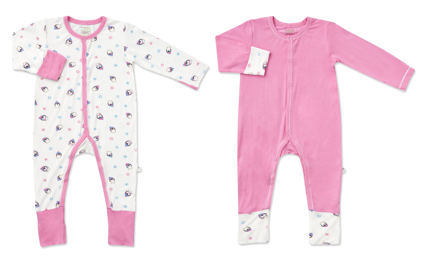 Cute Penguin & Pink - Long-sleeved Snap Button Sleepsuit with Convertible Cuffs / Mittens & Footie (Value Pack of 2)