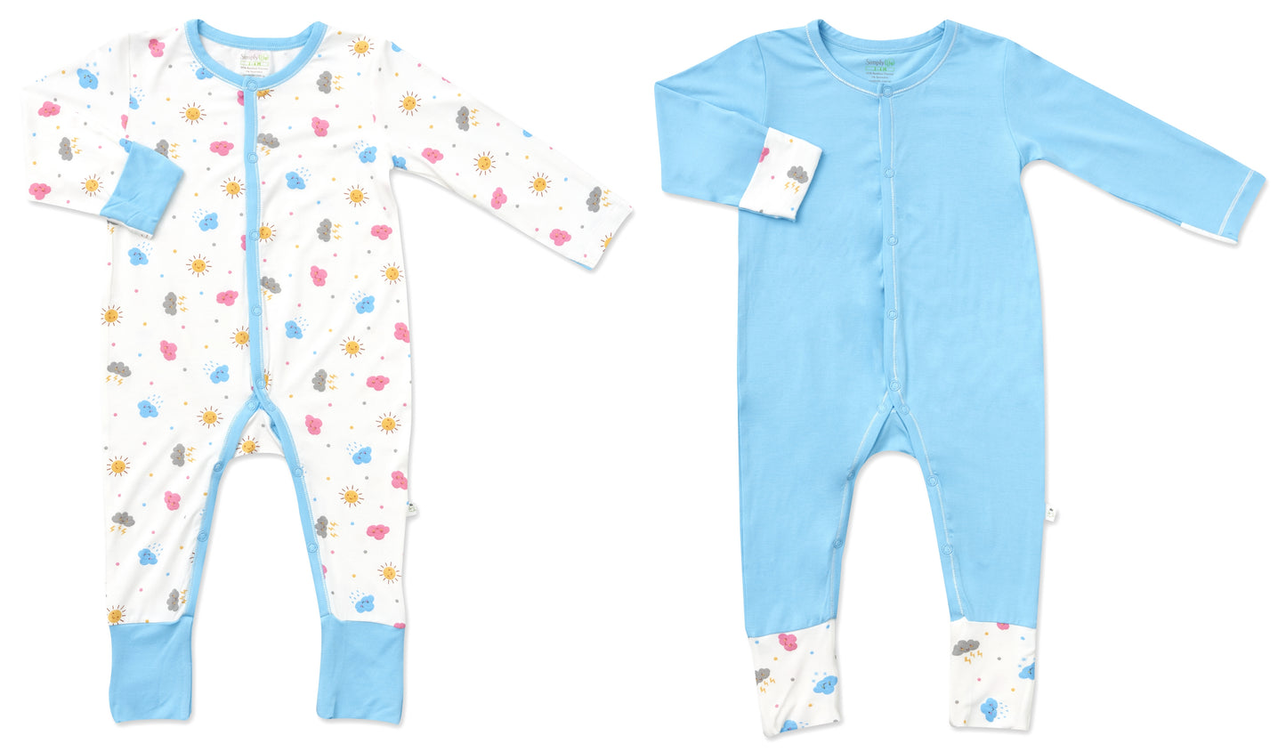 Weather & Blue - Long-sleeved Snap Button Sleepsuit with Convertible Cuffs / Mittens & Footie (Value Pack of 2)