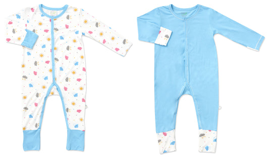 Weather & Blue - Long-sleeved Snap Button Sleepsuit with Convertible Cuffs / Mittens & Footie (Value Pack of 2)