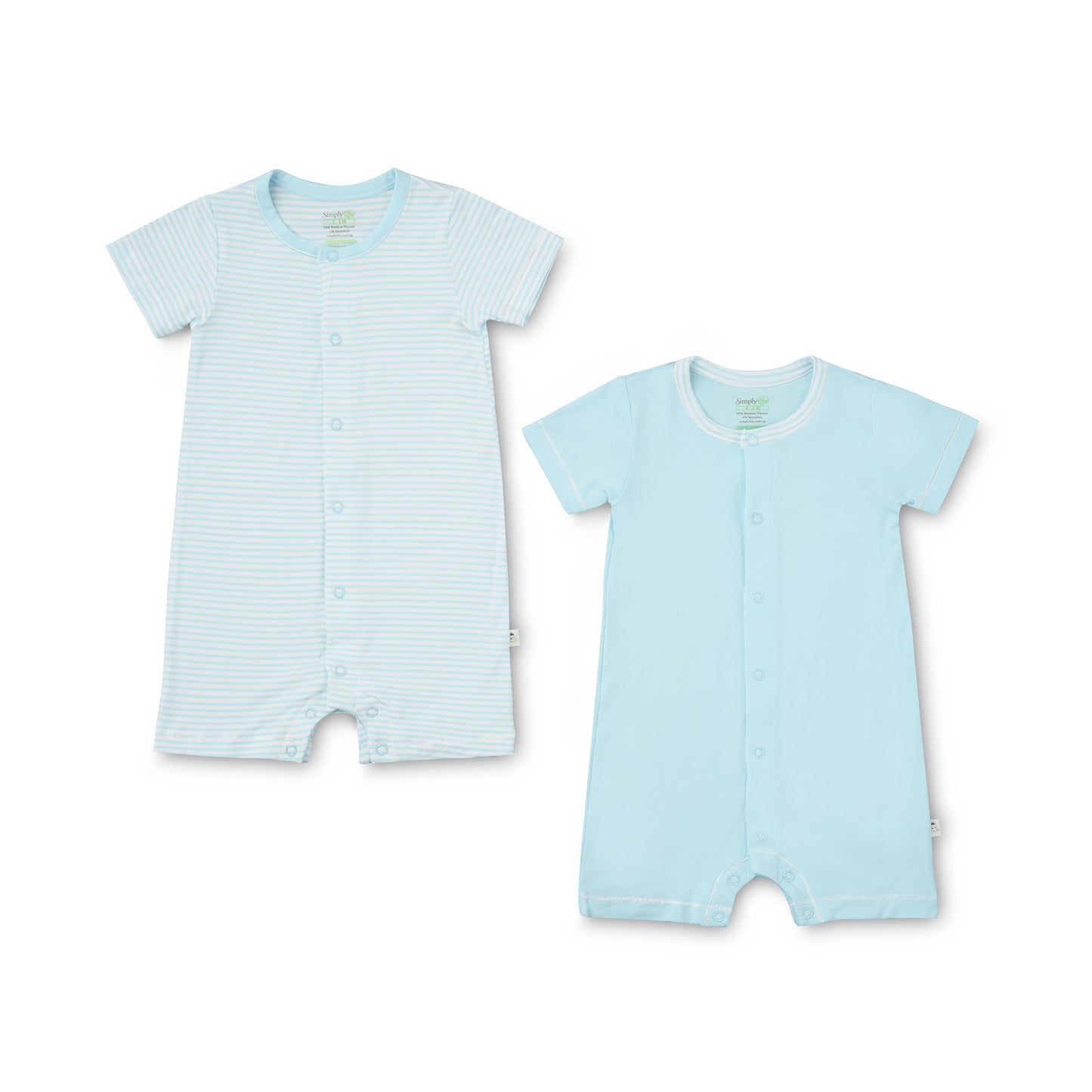 Turquoise Stripes & Plain - Short-sleeved Baby Shortall (Front Snap Buttons) (Pack of 2)