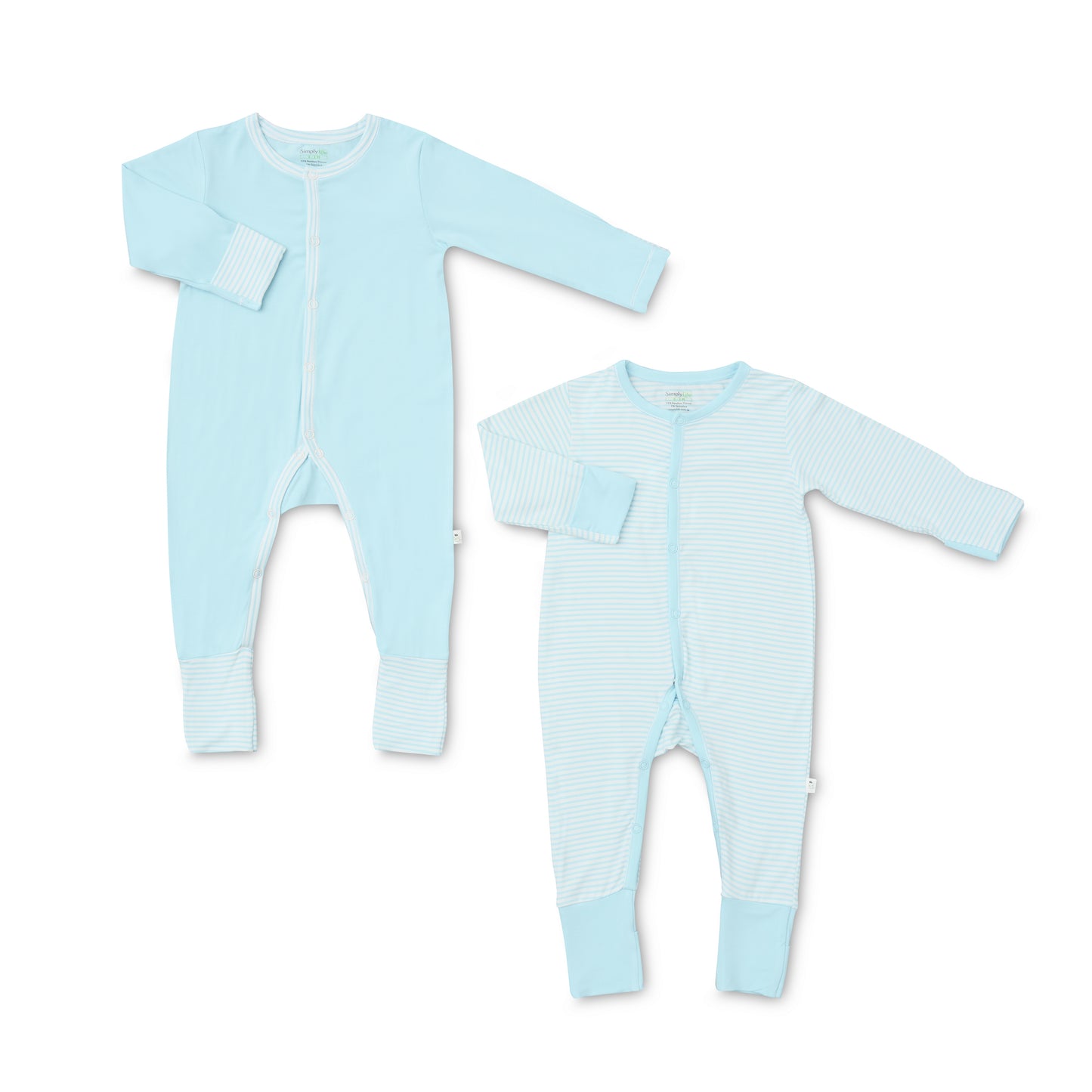 Turquoise Stripes & Plain - Baby Long-sleeved Button Sleepsuit (Foldable Mittens & Footies) (Pack of 2)