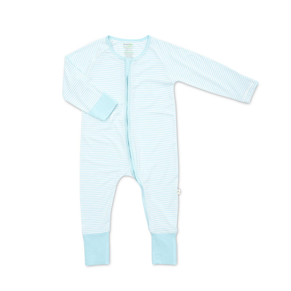 Turquoise Stripes - Baby Long-sleeved Zipper Sleepsuit (Foldable Mittens & Footies)
