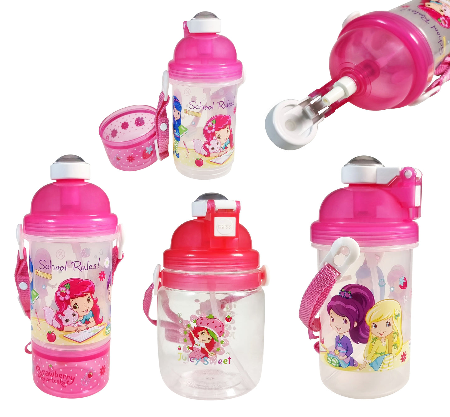 Strawberry Shortcake - BPA-free Kids Girl Canteen Water Bottle with Adjustable Strap & Straw (Children School)