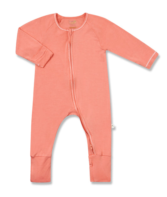 Classic long-sleeved Zipper Sleepsuit with Folded Mittens & Footie - Coral