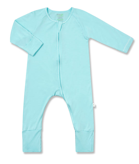 Turquoise - Baby Long-sleeved Zipper Sleepsuit (Foldable Mittens & Footies)