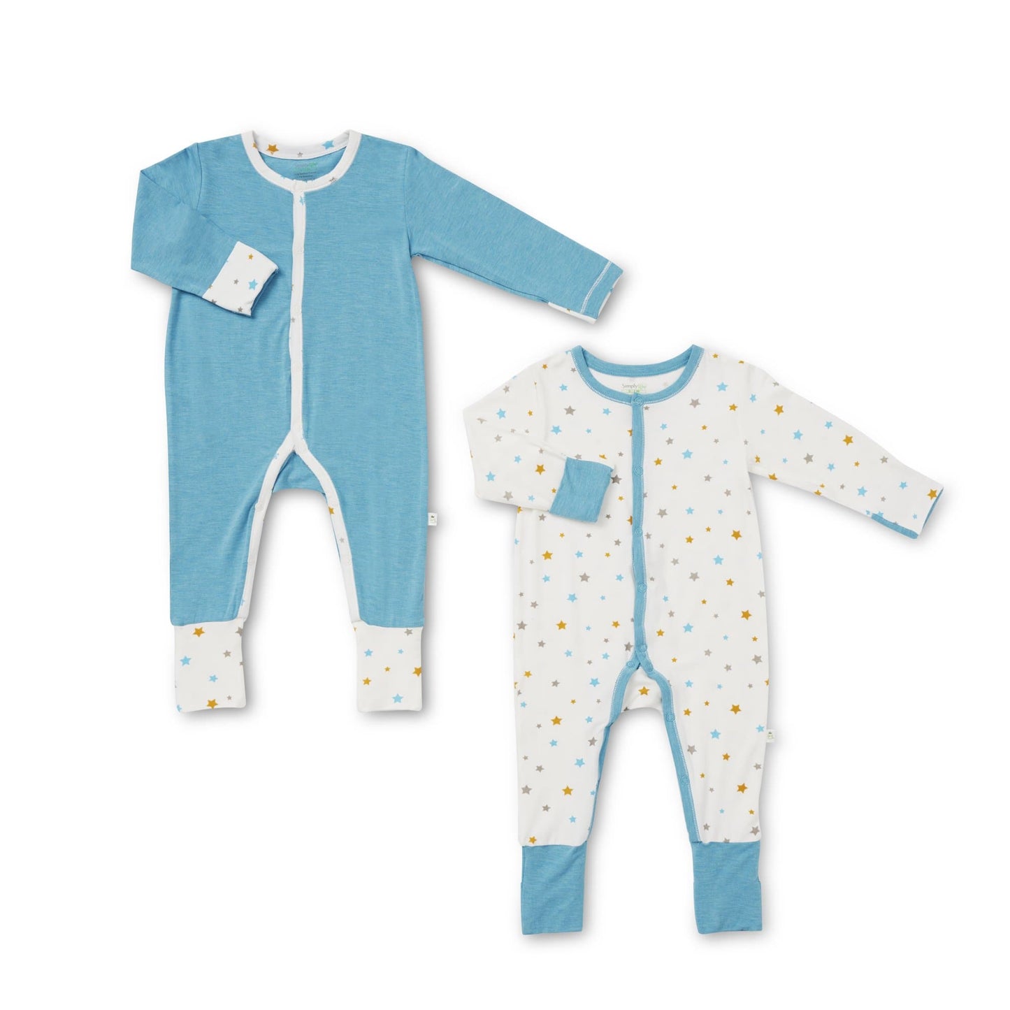 Blue Stars and Sandwash Lagoon Blue - Long-sleeved Snap Button Sleepsuit with Convertible Cuffs / Mittens & Footie (Value Pack of 2)