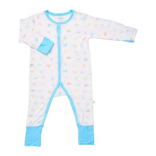 Dinosaurs - Long-sleeved Button Sleepsuit with Folded Mittens & Footie (Turquoise)