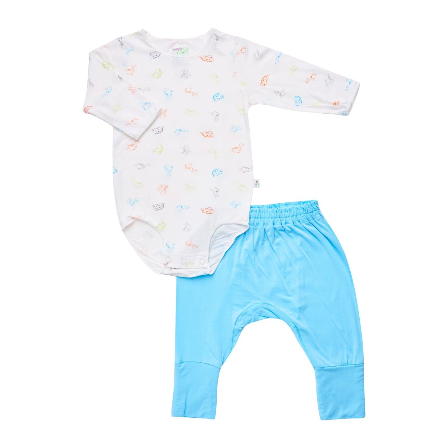 Dinosaurs - Long-sleeved Stretchy Romper with Foldable Footie Pants (Turquoise)