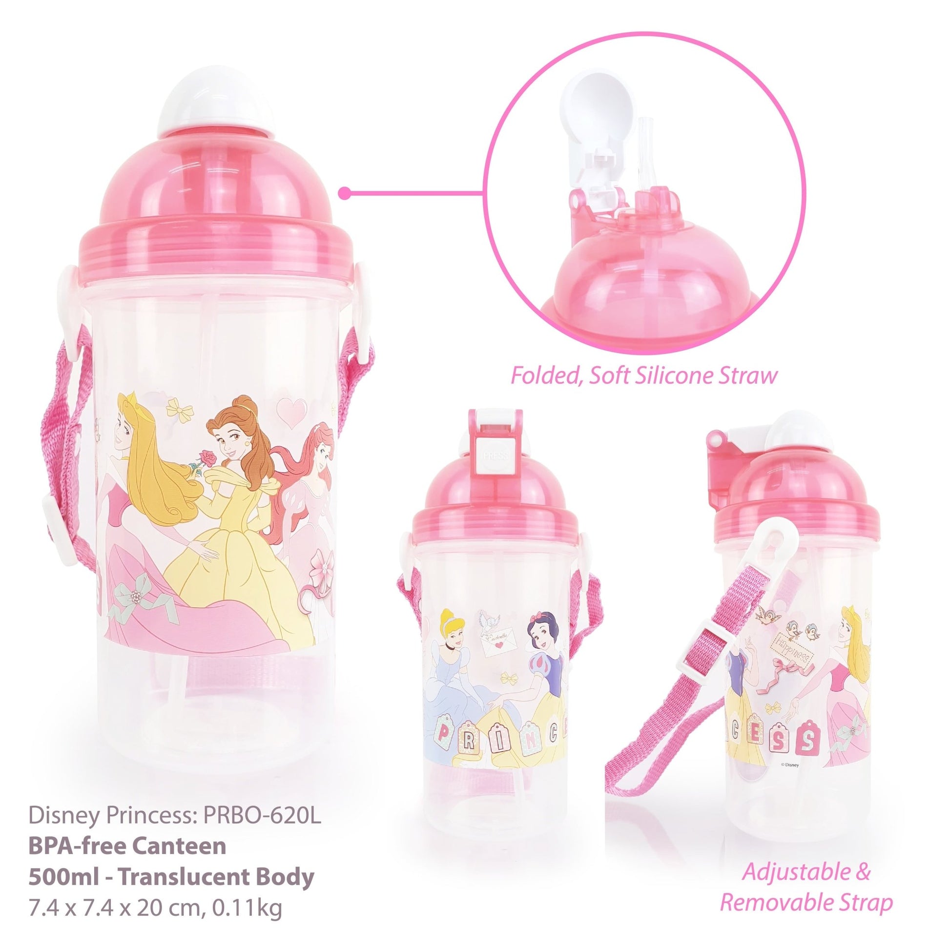 Disney Princess - Pop-up Straw Canteen Water Bottle with Adjustable Strap (BPA-free) - Simply Life