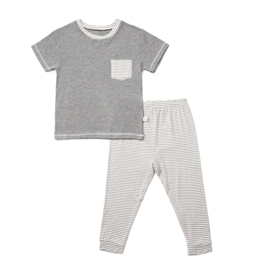 Grey Stripes - Short Sleeve Bamboo Pyjamas Set with Front Pocket