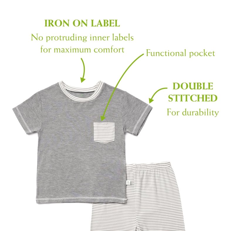 Grey Stripes - Short Sleeve Bamboo Pyjamas Set with Front Pocket