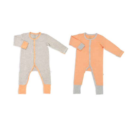 Sandwashed Khaki & Orange - Long-sleeved Button Sleepsuit with Folded Mittens & Footie (Value Pack of 2) - Simply Life