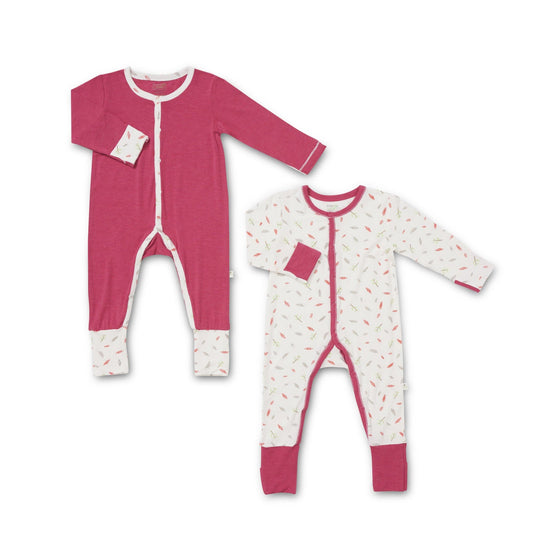 Scandinavian Leaves and Sandwash Ruby Red - Long-sleeved Snap Button Sleepsuit with Convertible Cuffs / Mittens & Footie (Value Pack of 2) - Simply Life