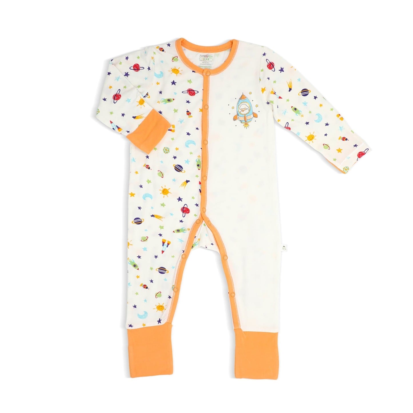 Spaceships (Orange)- Long-sleeved Button Sleepsuit with Folded Mittens & Footie (Spot Print) by simplylifebaby